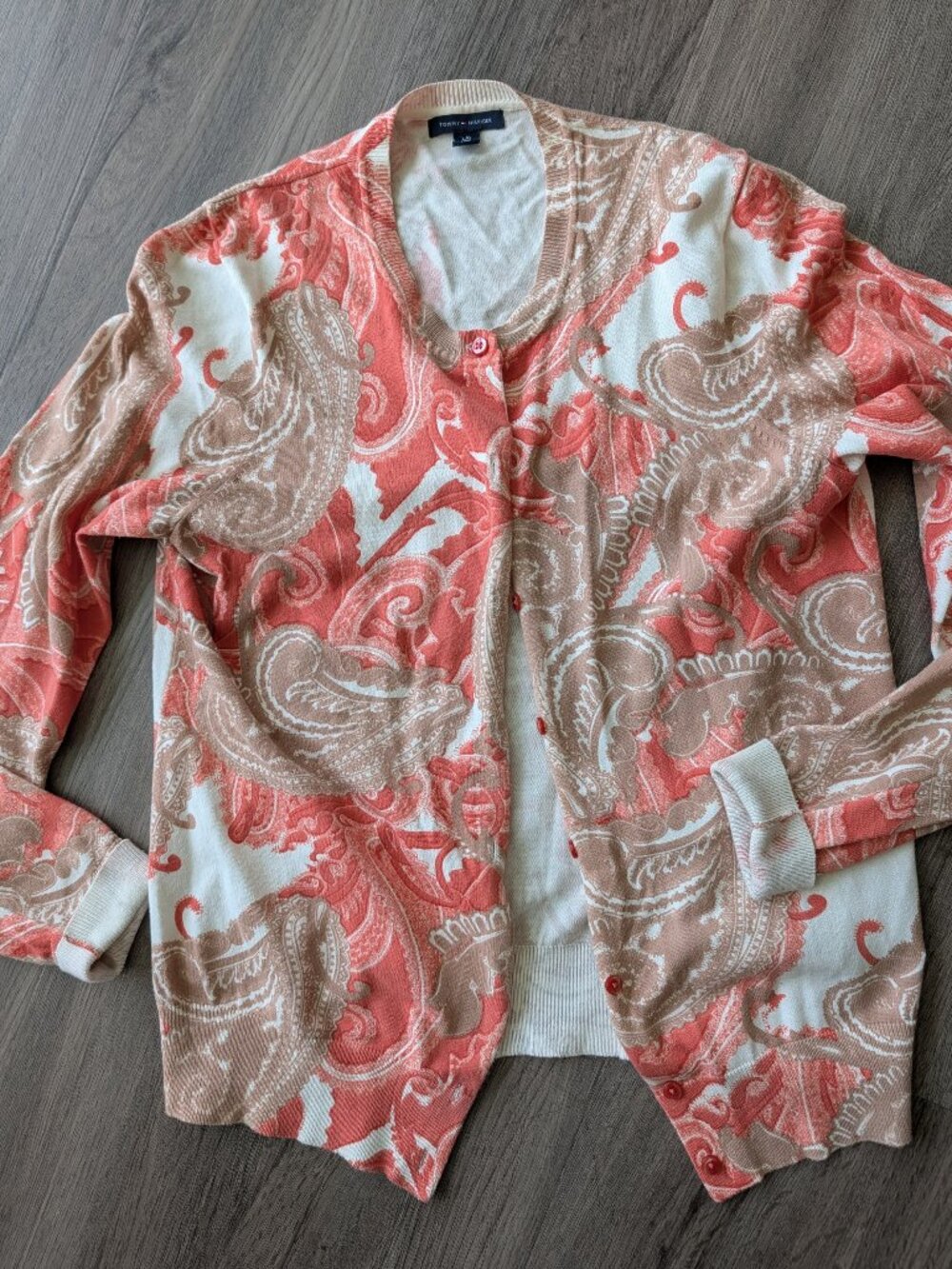 Tommy Hilfiger Coral Pink and White Paisley Cardigan Sweater